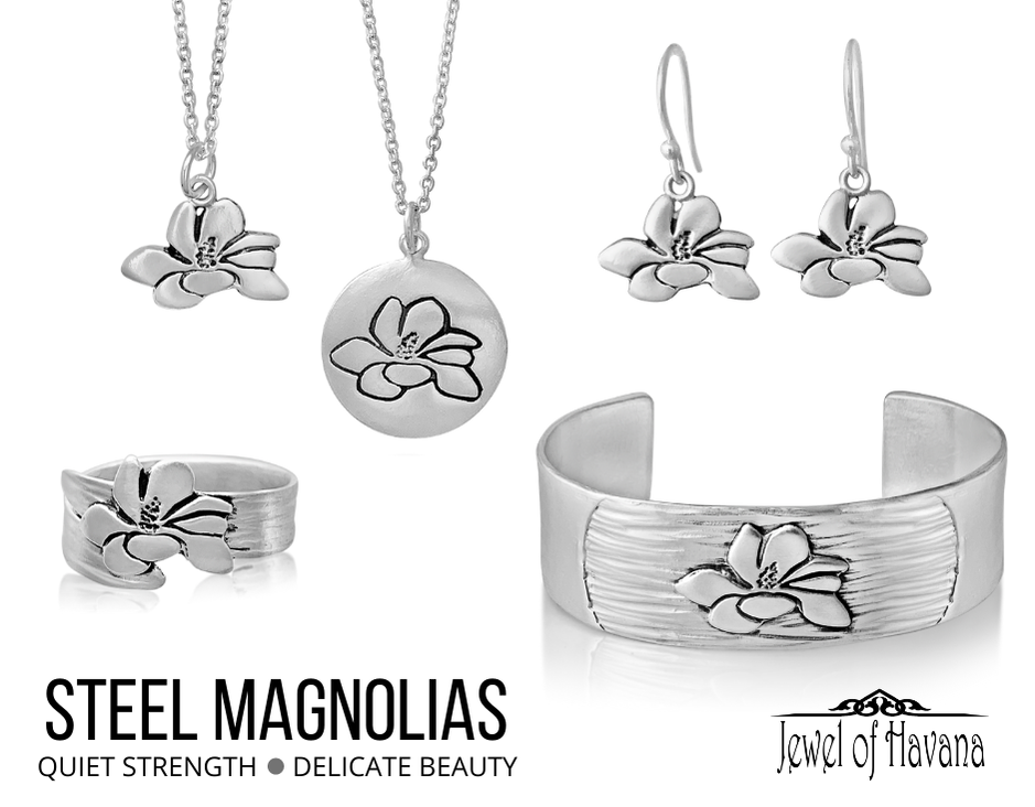 Steel Magnolias Jewelry Collection, cuff bracelet, earrings, rings, necklace