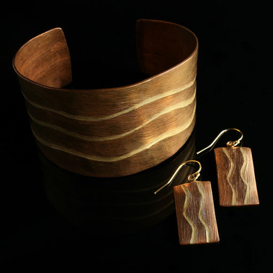 Handcrafted Copper Jewerly Collection - Copper Cuff and Earrings with Bronze Inlay