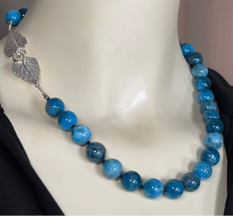 Blue Apatite Necklace with Decorative Leaf Clasp in Sterling Silver