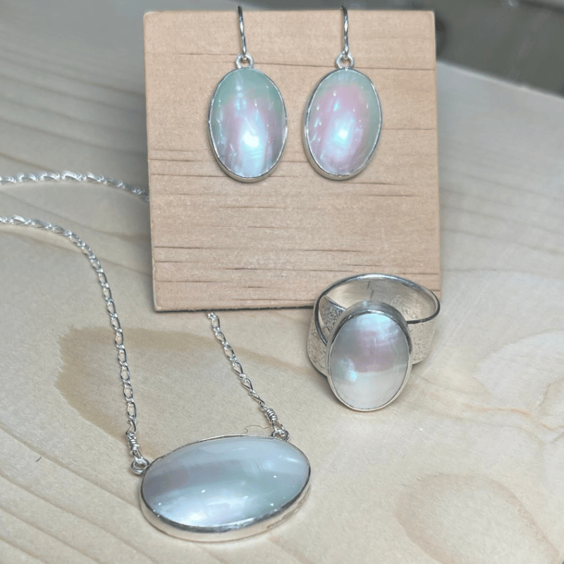 Mother of Pearl Jewelry, Necklace, Earrings and Statement Ring