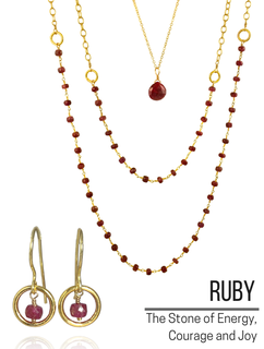 Ruby and Gold Layering Necklaces and Earrings
