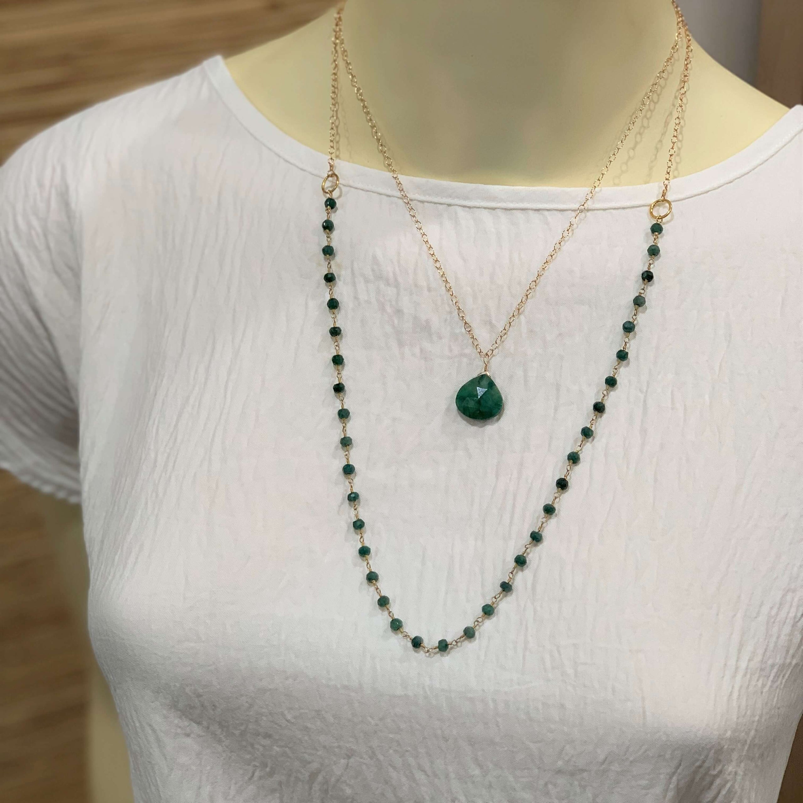 Natural Emerald and Gold Layering Necklaces