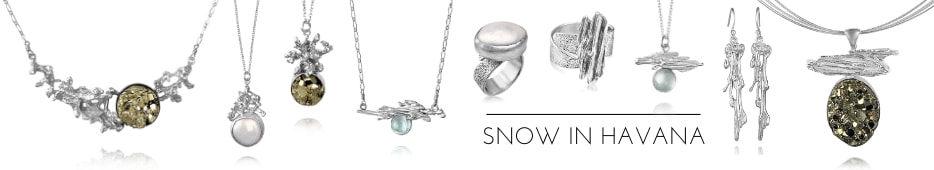 Snow In Havana Jewelry, Statement Rings, Necklaces and Earrings in Pearl, Pyrite and Aquamarine