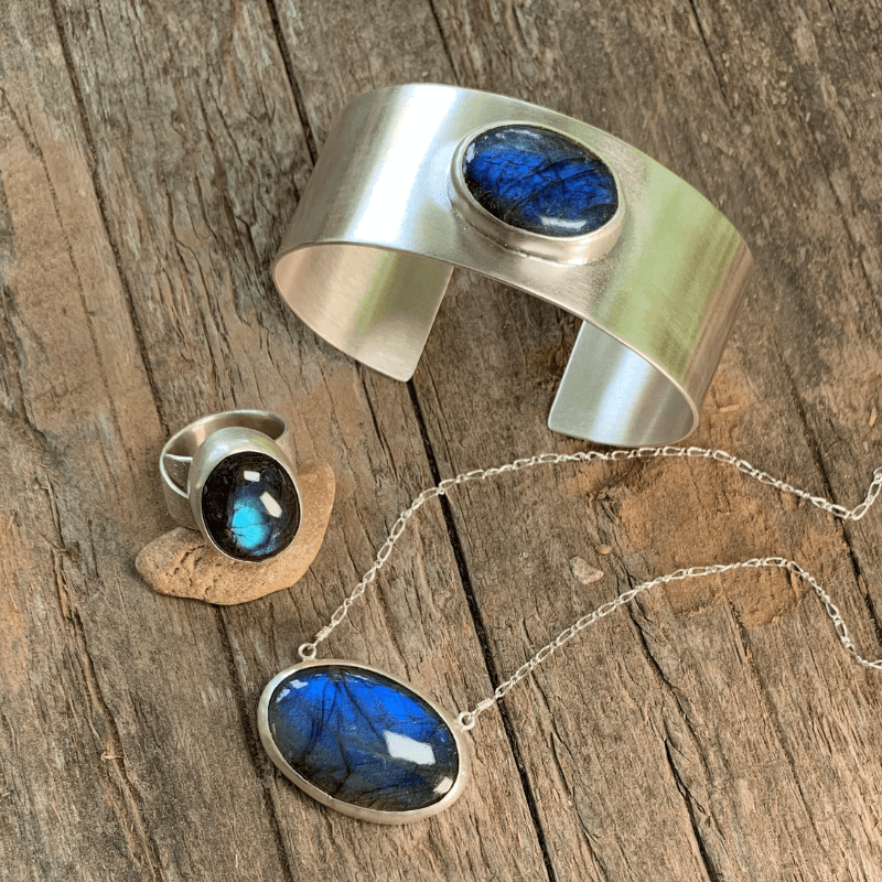 Labradorite Jewelry, Labradorite Cuff, Statement Ring and Necklace